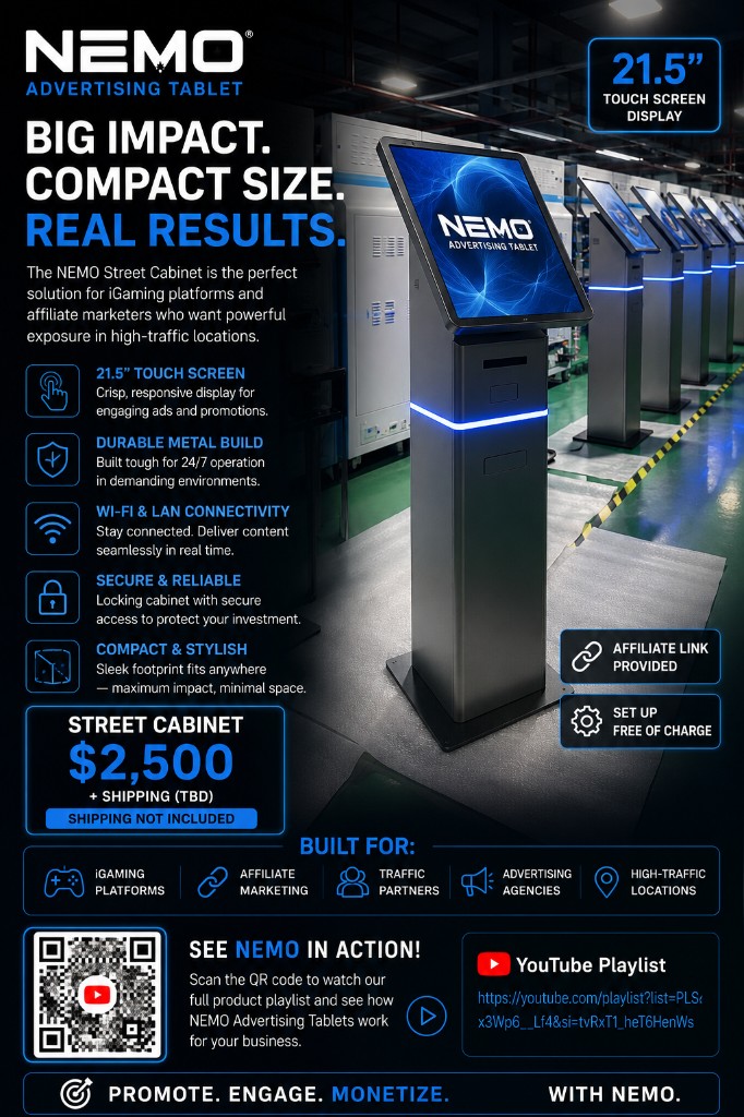 NEMO Street Cabinet advertising kiosk with a 21.5 inch touch screen